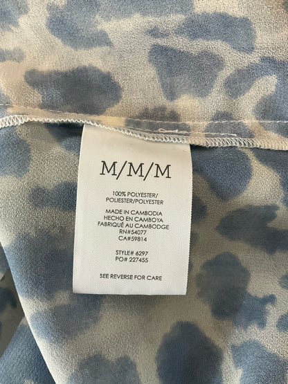 cabi blue/white Long Sleeve Tuxedo Blouse Blue Leopard Print Sheer Long Sleeve Top Size Medium - Size M