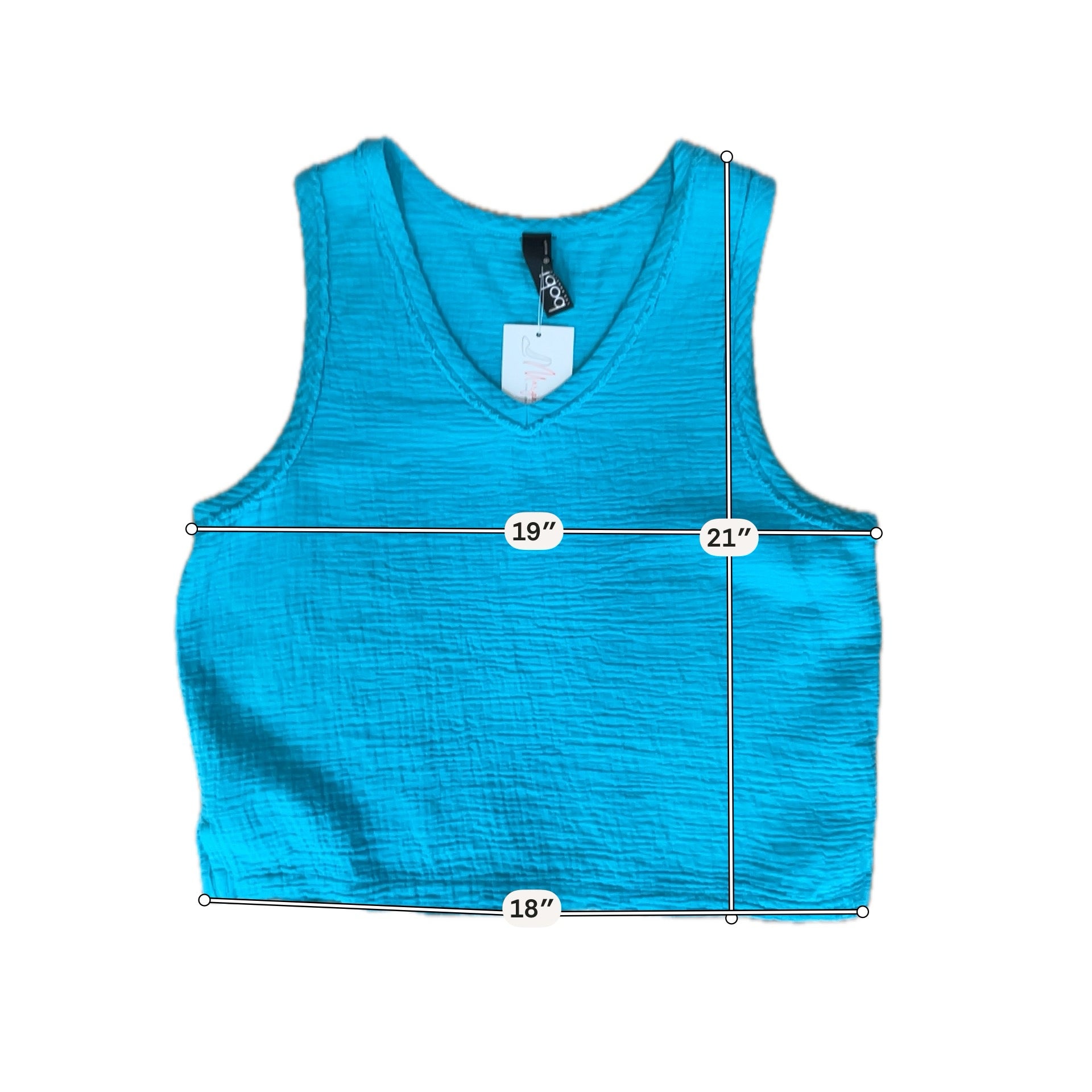 bobi Los Angeles Gauze V-Neck Tank Top Braided Trim Turquoise Medium