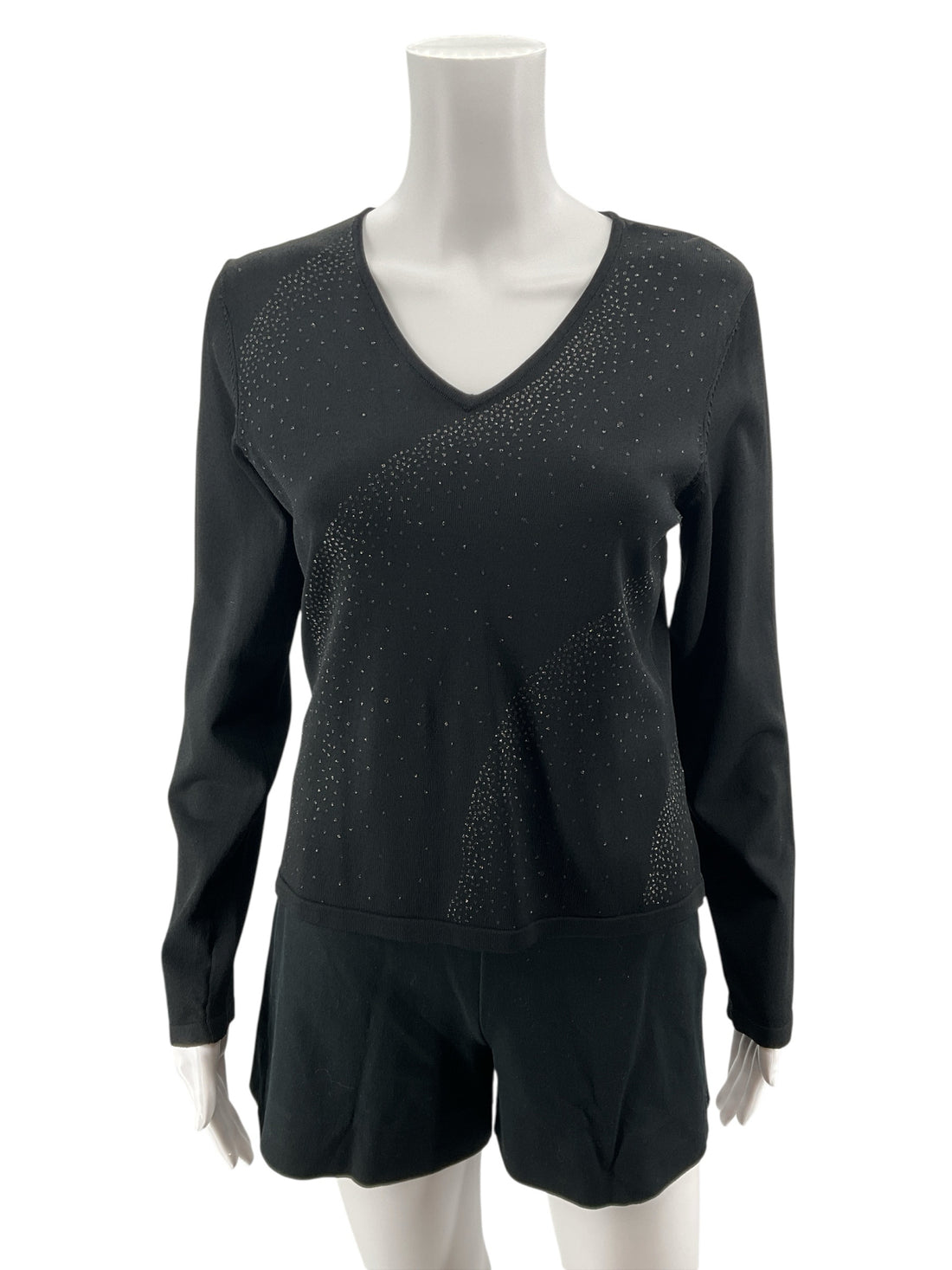 Rafaella Petites Black Sparkle Rhinestone V-Neck Sweater Top Size MP