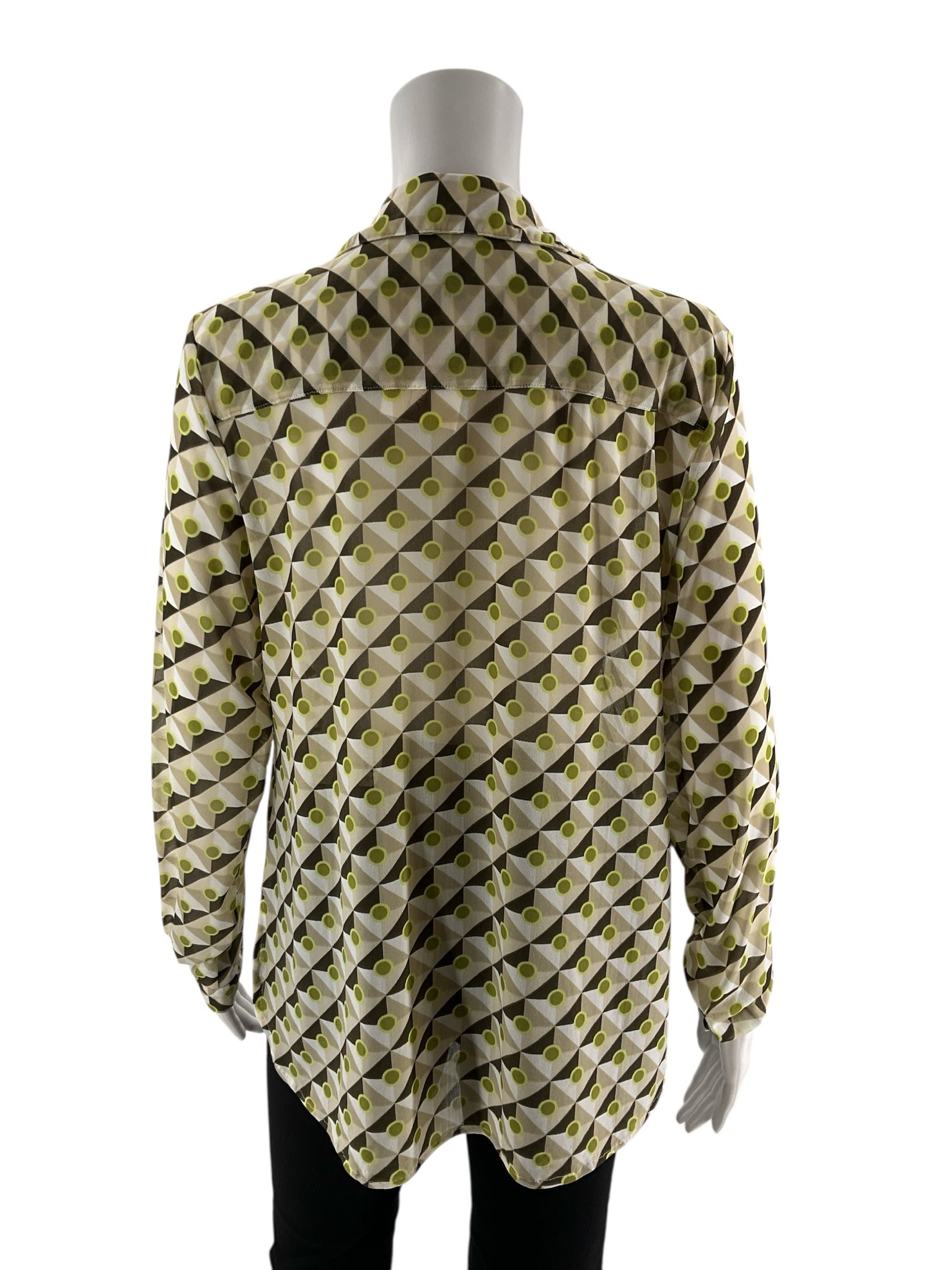 Cabi green and brown print long sleeve button-down blouse for women, size small, featuring a collared design.