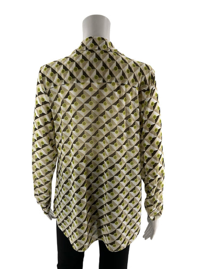 Cabi green and brown print long sleeve button-down blouse for women, size small, featuring a collared design.