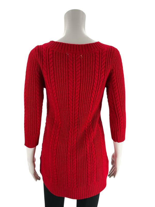 Back view of New York & Co red sweater top, size small, featuring vertical cable knit design and ribbed hem for a flattering fit.