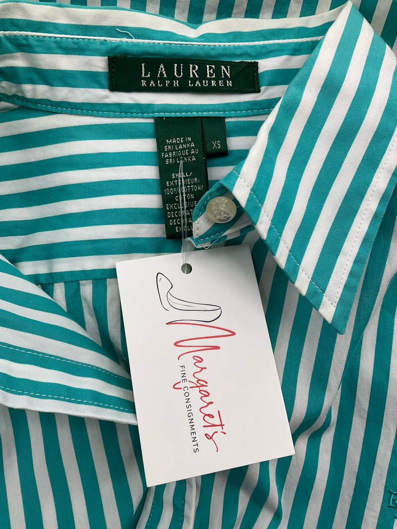 Ralph Lauren White/Aqua Stripe Pre-Owned Ladies Top - Size XS