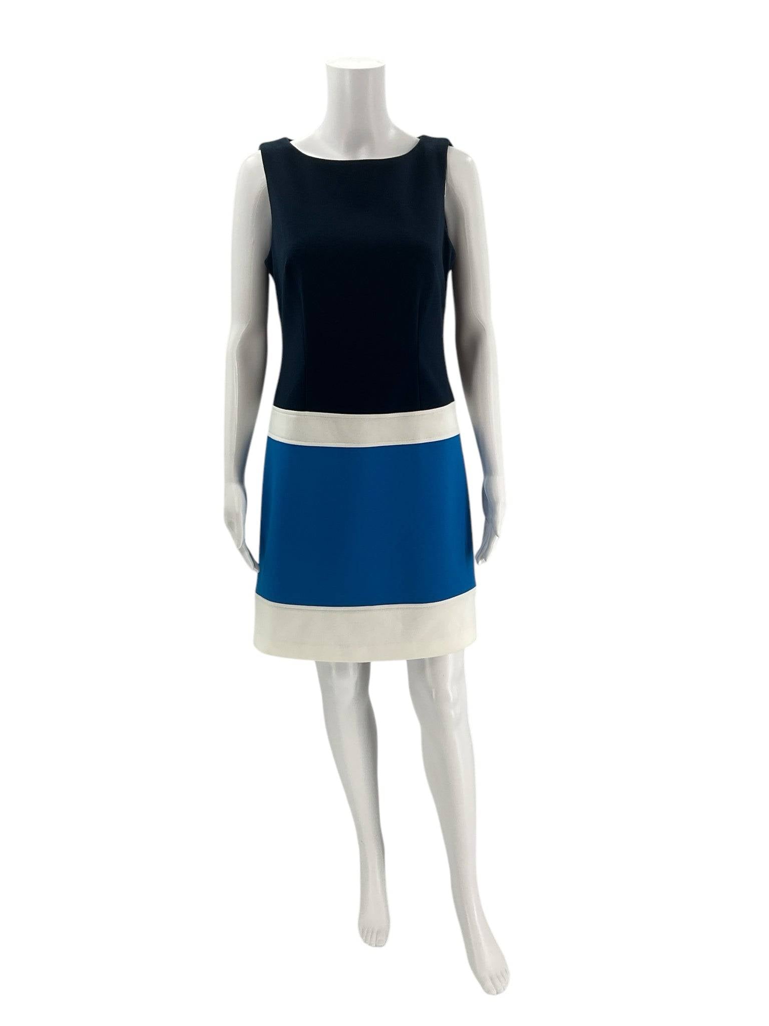 Front view of Laundry Dress Size 6 on mannequin, featuring a crew neck and bold navy, white, and blue color block pattern.