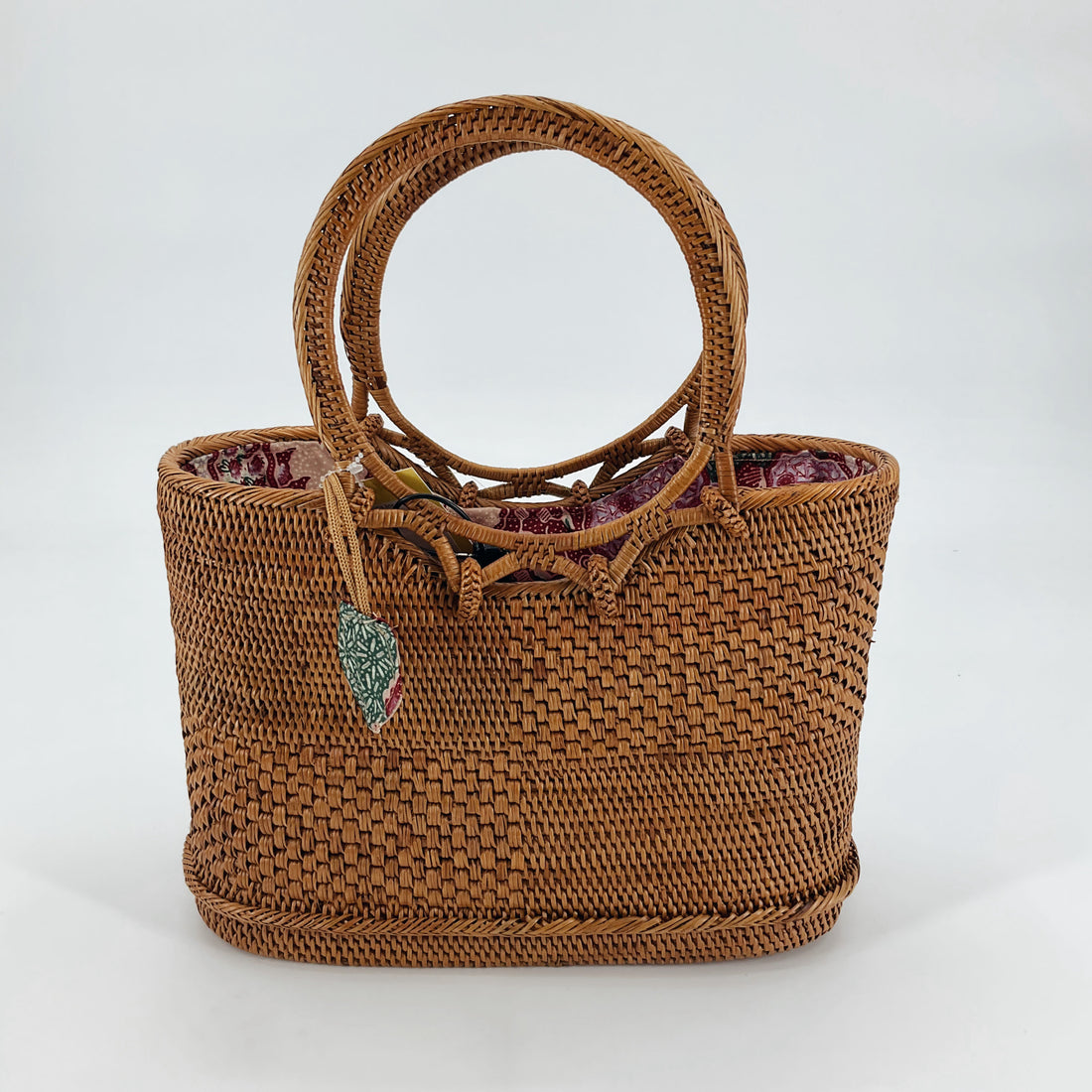 Handmade Woven Rattan Basket Tote | Bohemian Straw Purse with Floral Lining