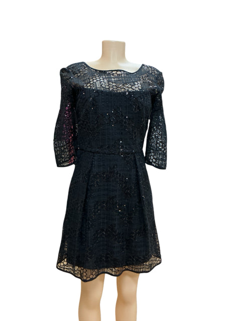 Milly Black Sequin Lace V-Back Cocktail Dress Elbow Sleeve Size 6 - ONLINE ONLY