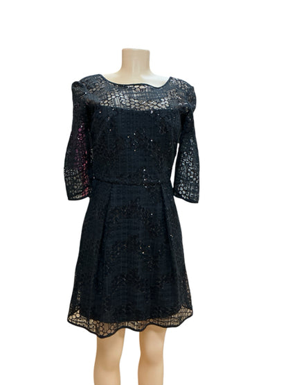 Milly Black Sequin Lace V-Back Cocktail Dress Elbow Sleeve Size 6 - ONLINE ONLY