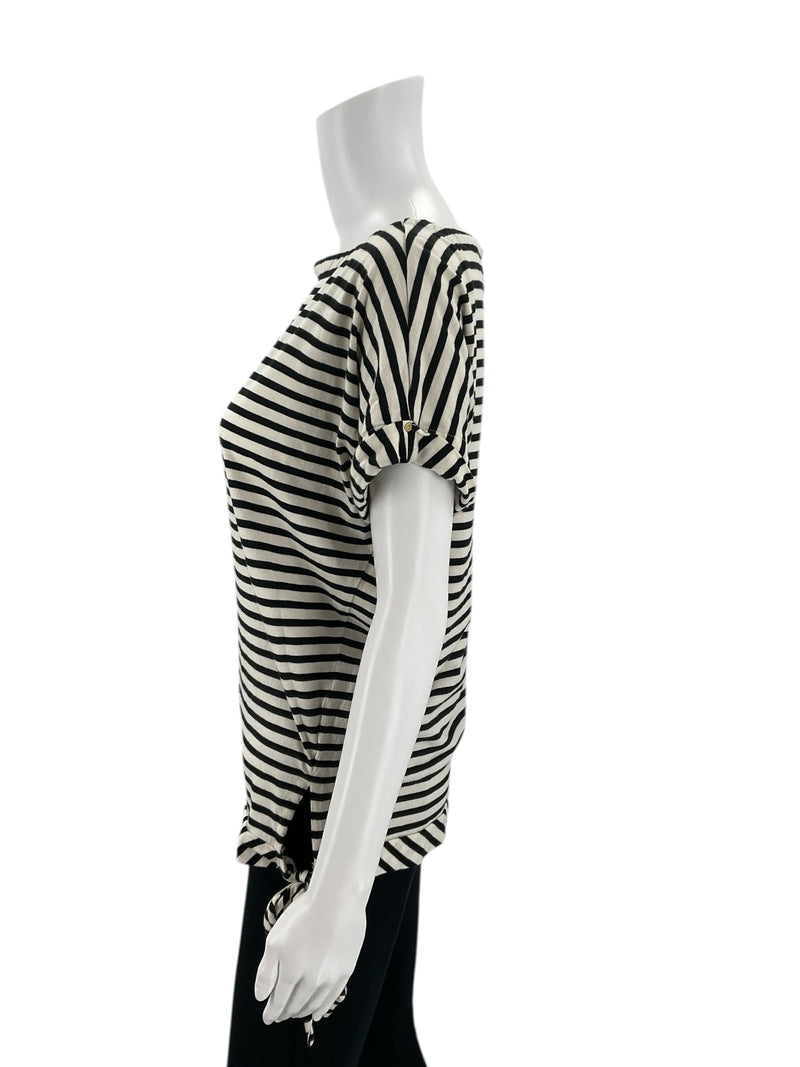 Side profile of Ralph Lauren White/Black Stripe Pre-Owned Casual Top - Size Small, highlighting the draped sleeve and side knot accent.
