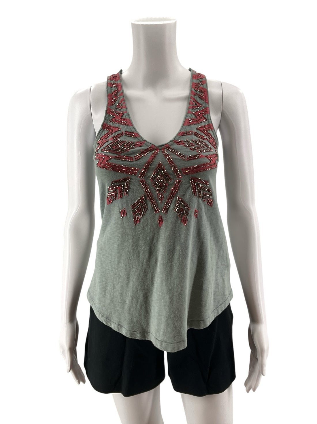 Ecote Beaded Tribal Motif Racerback Tank Top Sage Green Pink XS