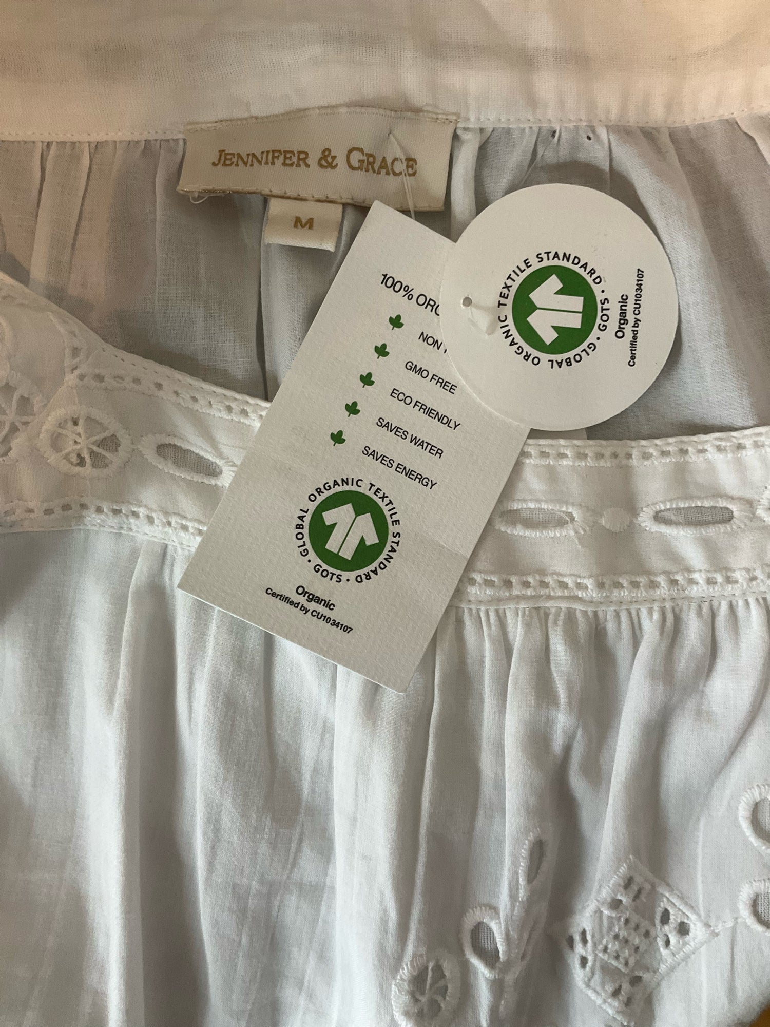 Jennifer &amp; Grace Organic Cotton Embroidered Eyelet Boho Top Size Medium NWT