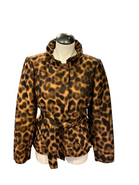 Carlisle Jacket Size 4 in brown/black animal print with belted waist and ruffled collar, available at Margaret’s Fine Consignments.