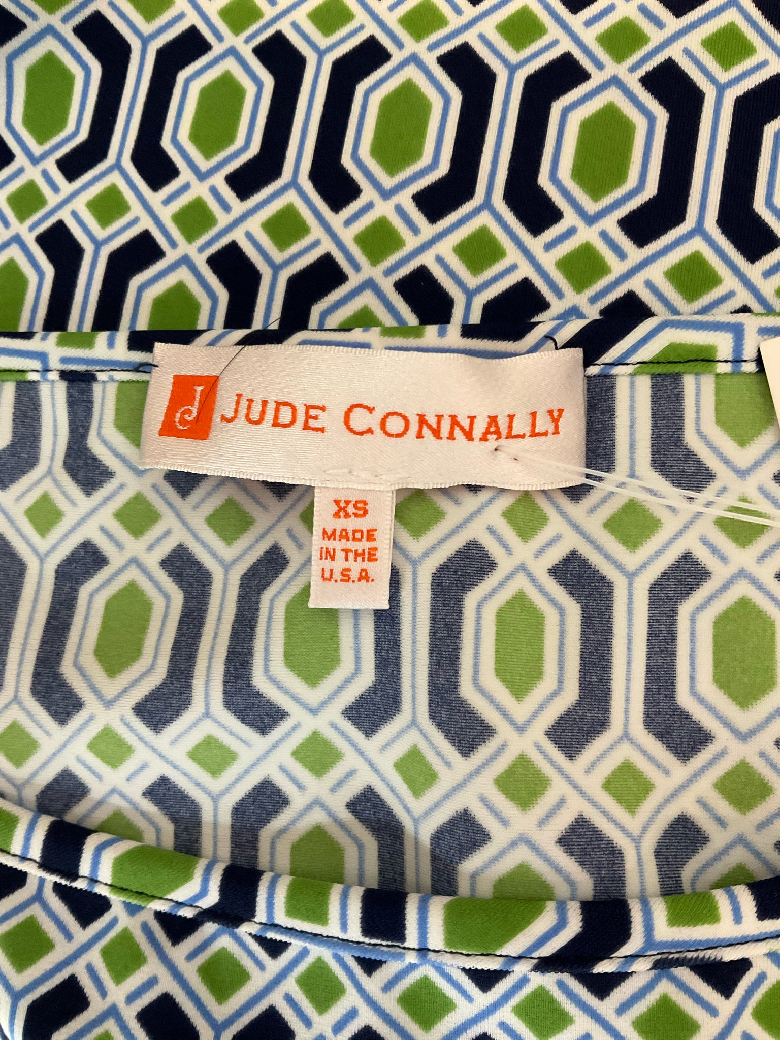 Jude Connally Tinsley Dress XS White Blue Green Geometric Hexagon Print Cap Sleeve