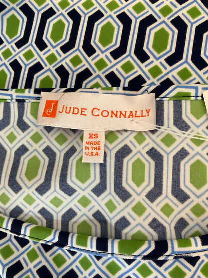 Jude Connally Tinsley Dress XS White Blue Green Geometric Hexagon Print Cap Sleeve