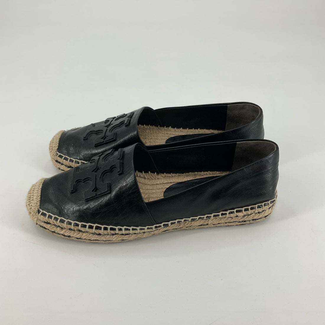 Tory Burch Ines Black Leather Double T Logo Espadrille Flats Size 9