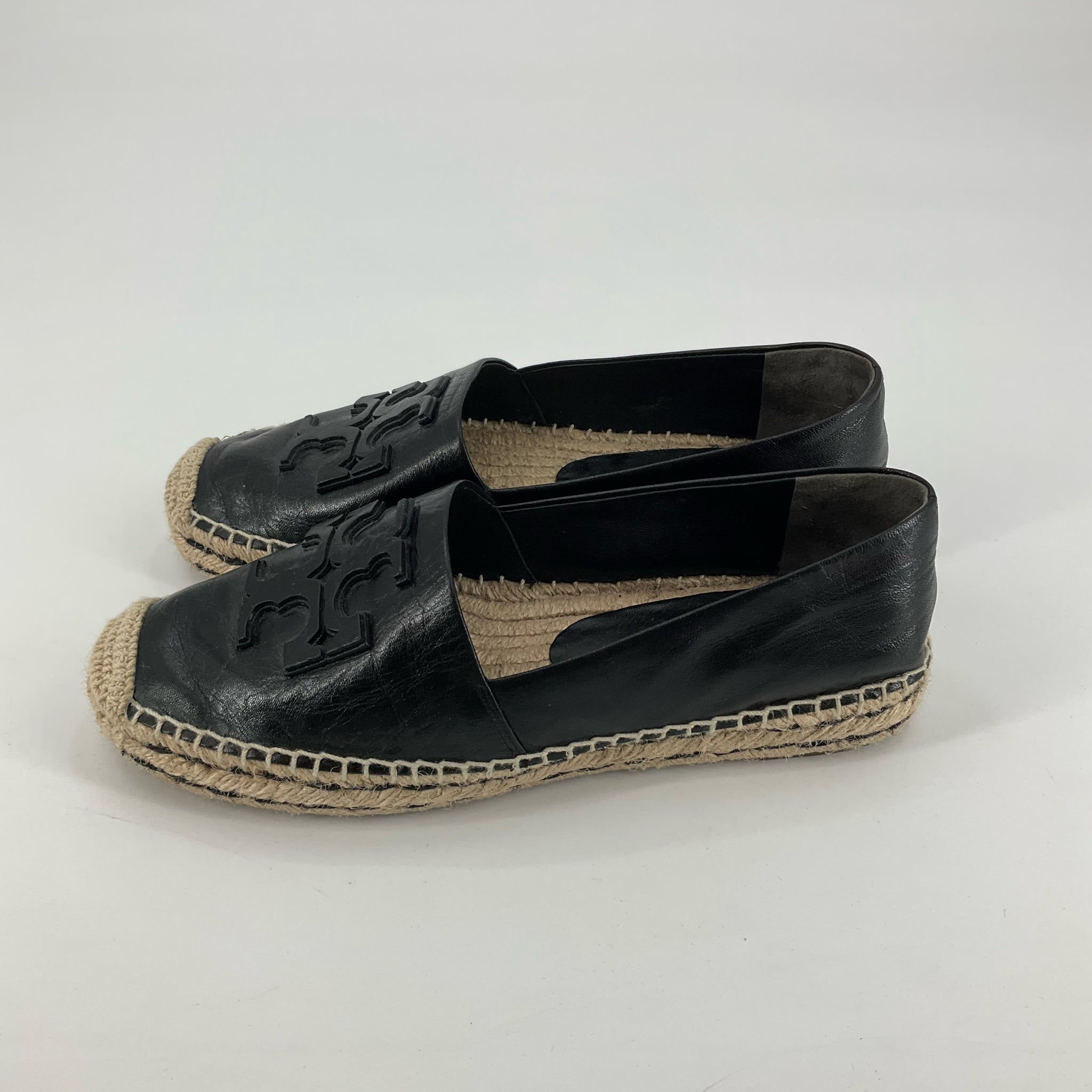 Tory Burch Ines Black Leather Double T Logo Espadrille Flats Size 9