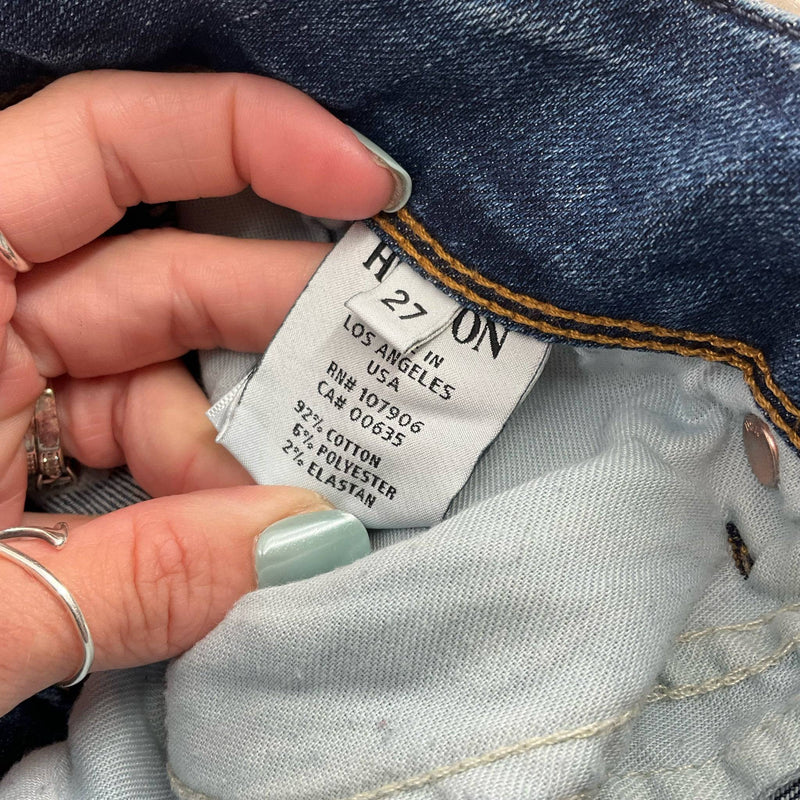Interior label of Hudson Dark Blue Pre-Owned Jeans - Size 4 showing fabric composition and size details.