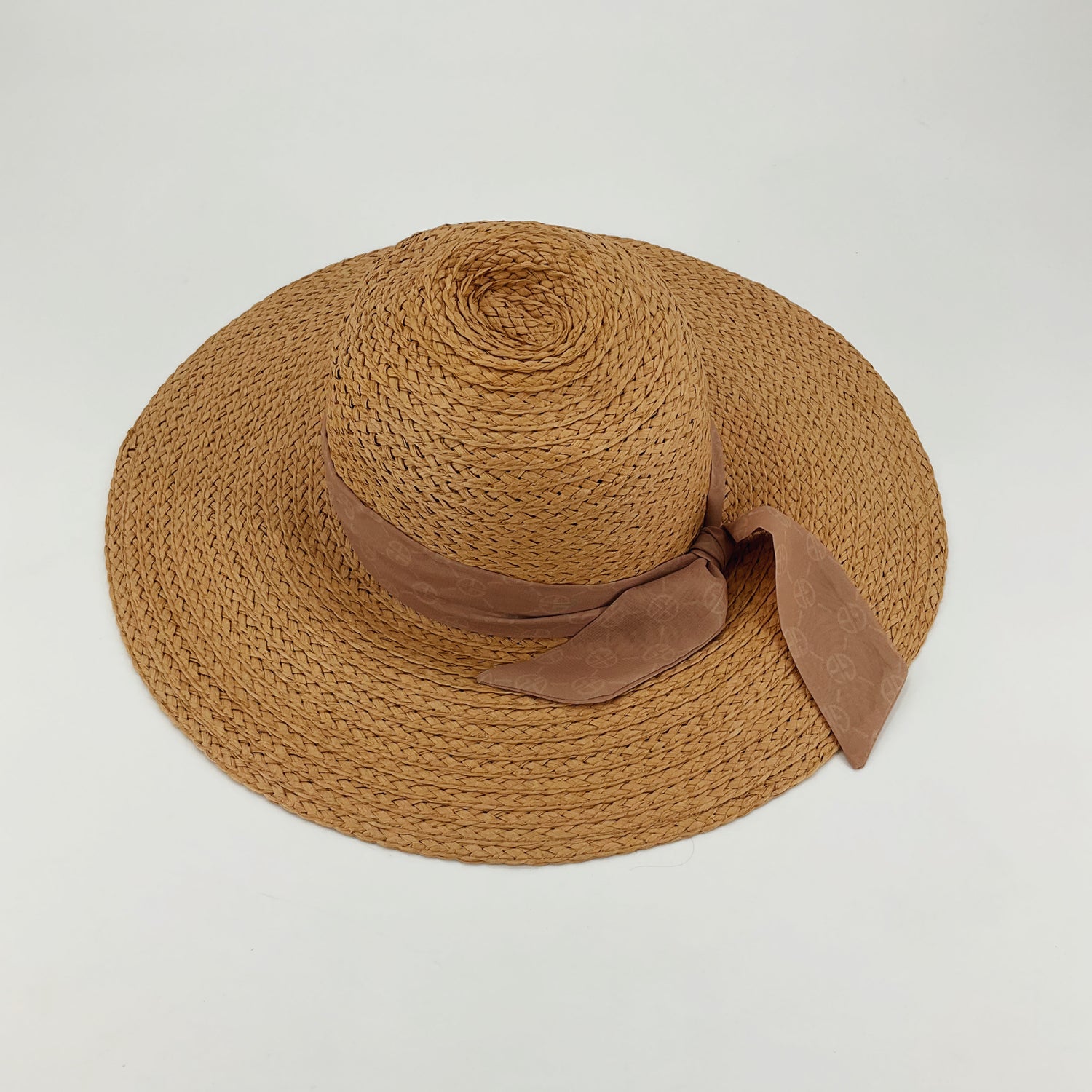 Giani Bernini Tan Floppy Straw Sun Hat with Pink Logo Ribbon