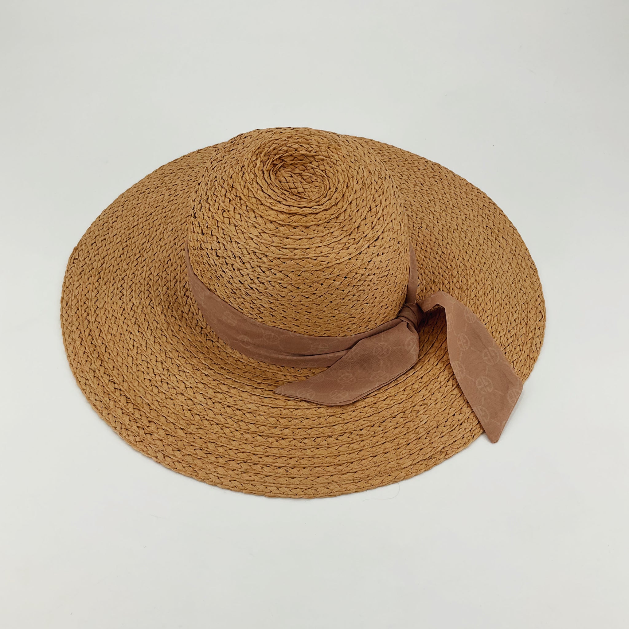 Giani Bernini Tan Floppy Straw Sun Hat with Pink Logo Ribbon