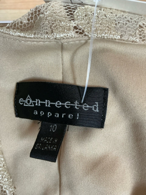 Brand tag of Connected Apparel gold floral lace dress, indicating size 10 and confirming authenticity of pre-owned garment.