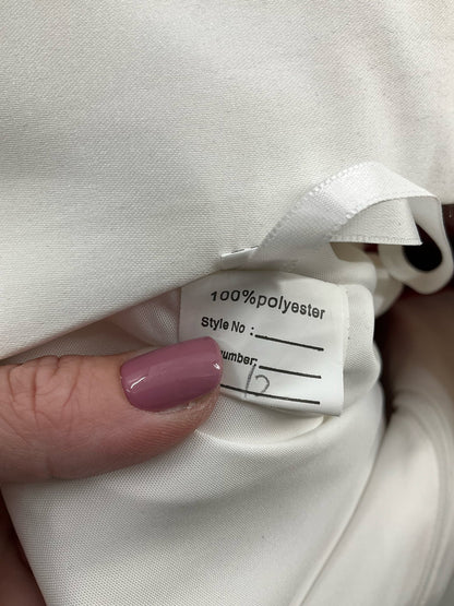 White and red embroidered pre-owned midi dress, A-line fit and flare style, size 12, high-low evening wear gown.