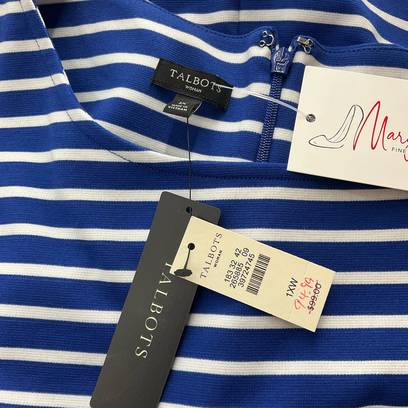 Close-up of Talbots Blue/White Stripe Dress tags; labeled size 1X, new with tags, confirming authenticity and brand details.