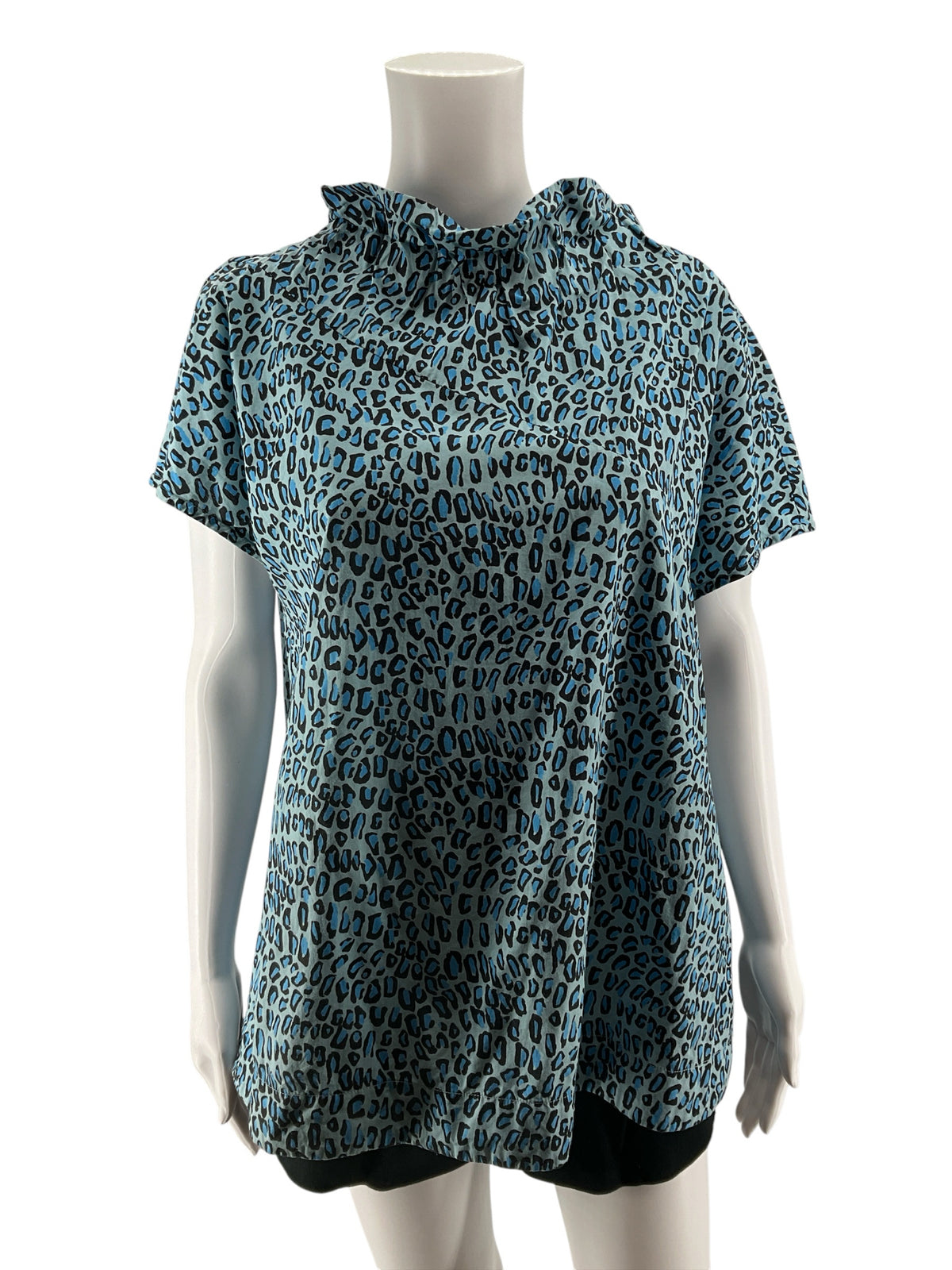 Sara Campbell Blue Leopard Print Ruffle Neck Top | Size XL