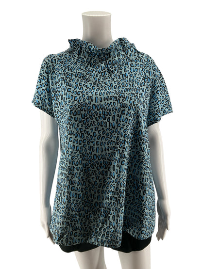 Sara Campbell Blue Leopard Print Ruffle Neck Top | Size XL