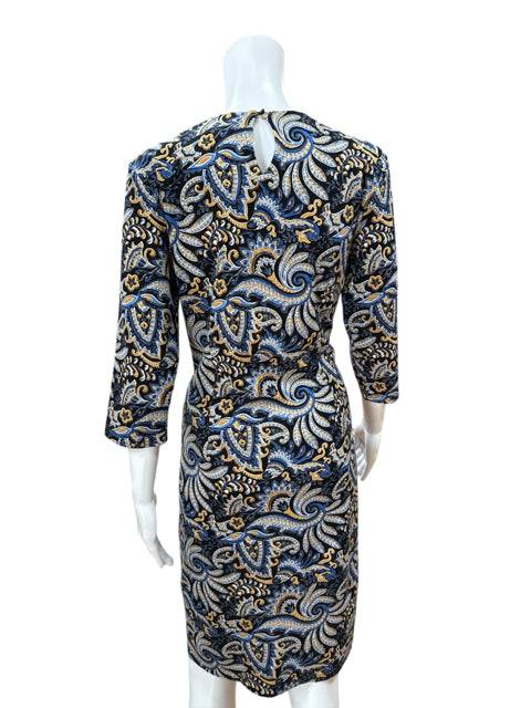 Back view of J Mclaughlin Crew Neck Dress Size Large with keyhole detail and black, blue, and tan paisley print.