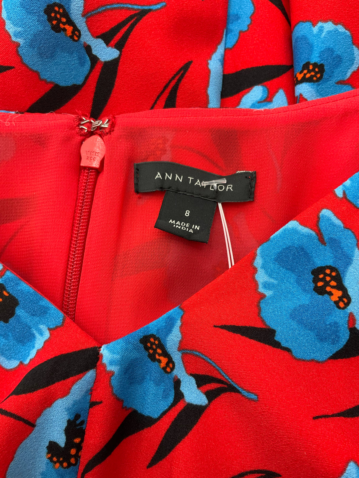 Ann Taylor Red &amp; Blue Floral Puff Sleeve Belted Midi Dress Size 8 - ONLINE ONLY