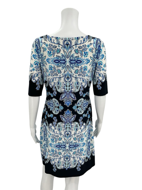 Eliza J Navy/White/Aqua Print Pre-Owned Dress Size 4 - ONLINE ONLY