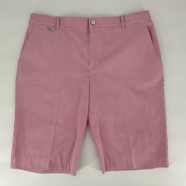 Ralph Lauren pink and white stripe women's shorts in Size 12, front view with classic tailored fit and belt loops, ideal for preppy summer style.