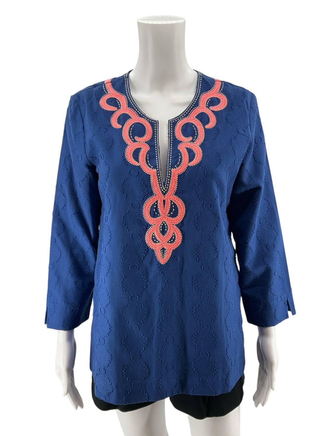 Lilly Pulitzer Dusk Top Navy Blue Pink Embroidered Cotton Tunic Small
