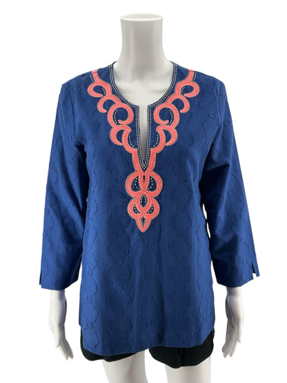 Lilly Pulitzer Dusk Top Navy Blue Pink Embroidered Cotton Tunic Small
