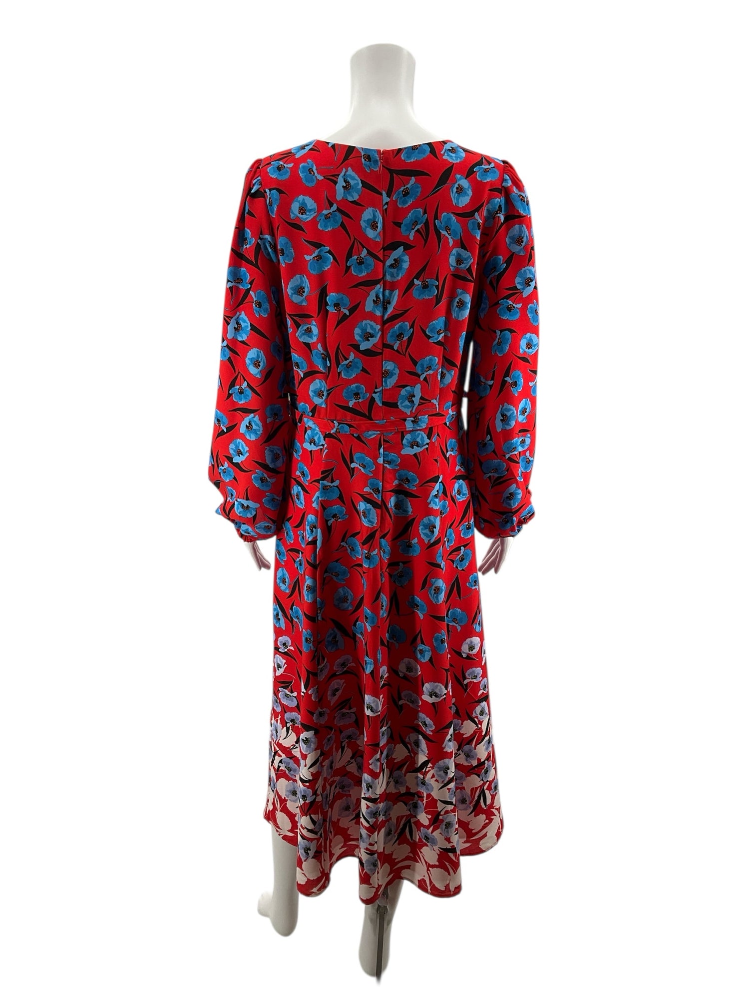 Ann Taylor Red &amp; Blue Floral Puff Sleeve Belted Midi Dress Size 8 - ONLINE ONLY