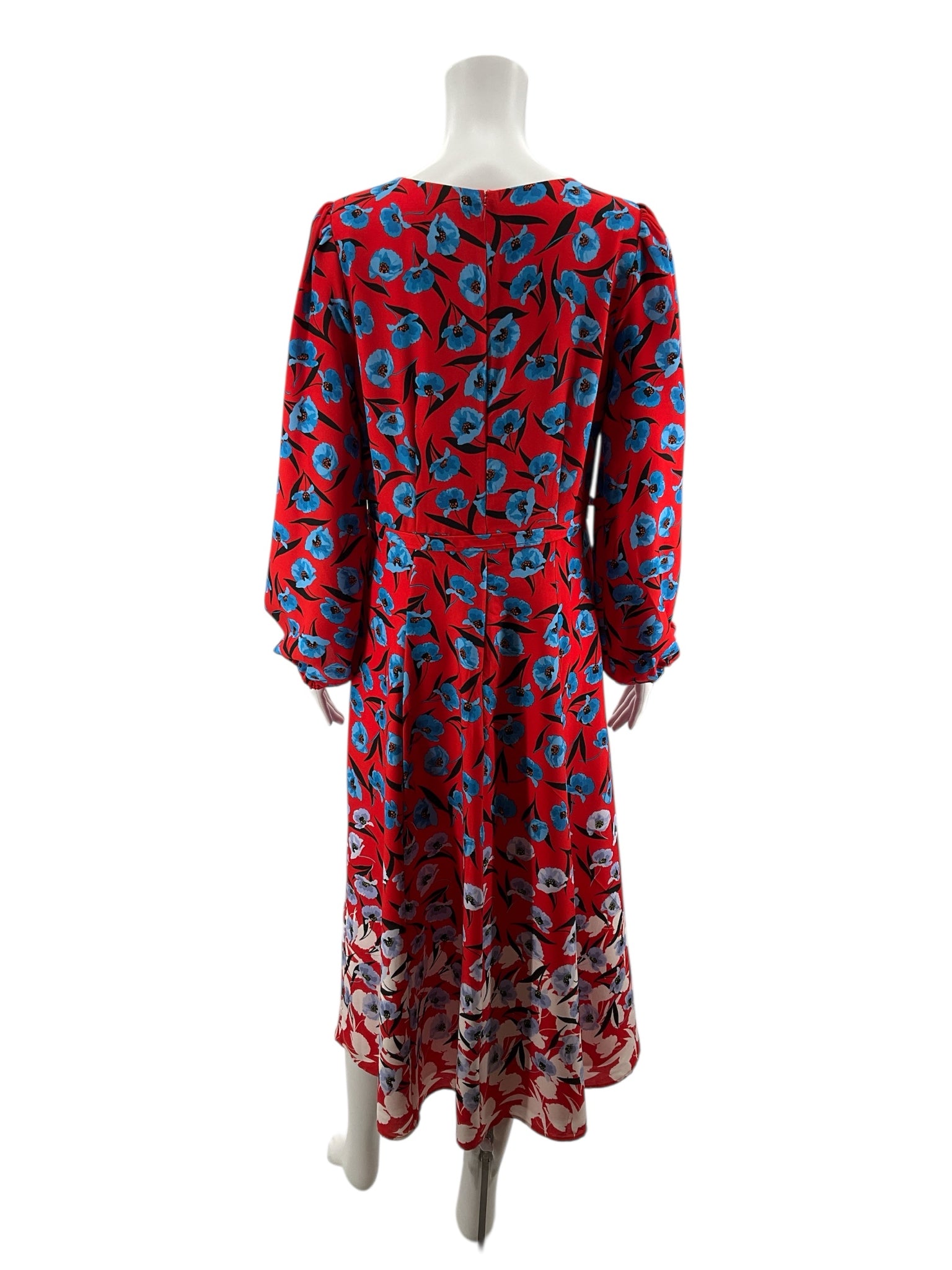 Ann Taylor Red &amp; Blue Floral Puff Sleeve Belted Midi Dress Size 8 - ONLINE ONLY
