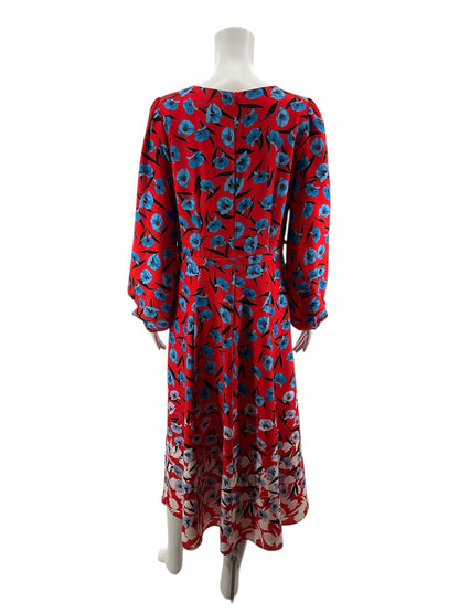 Ann Taylor Red &amp; Blue Floral Puff Sleeve Belted Midi Dress Size 8 - ONLINE ONLY