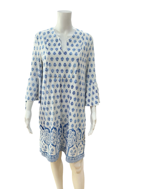 Jude Connally Ella Tunic Dress M Blue White Floral Block Print 3/4 Sleeve