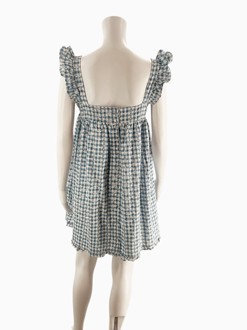 Storia White Blue Checkered Puff Sleeve Dress – Size Small, Excellent Pre-Owned - Margaret’s Fine Consignment