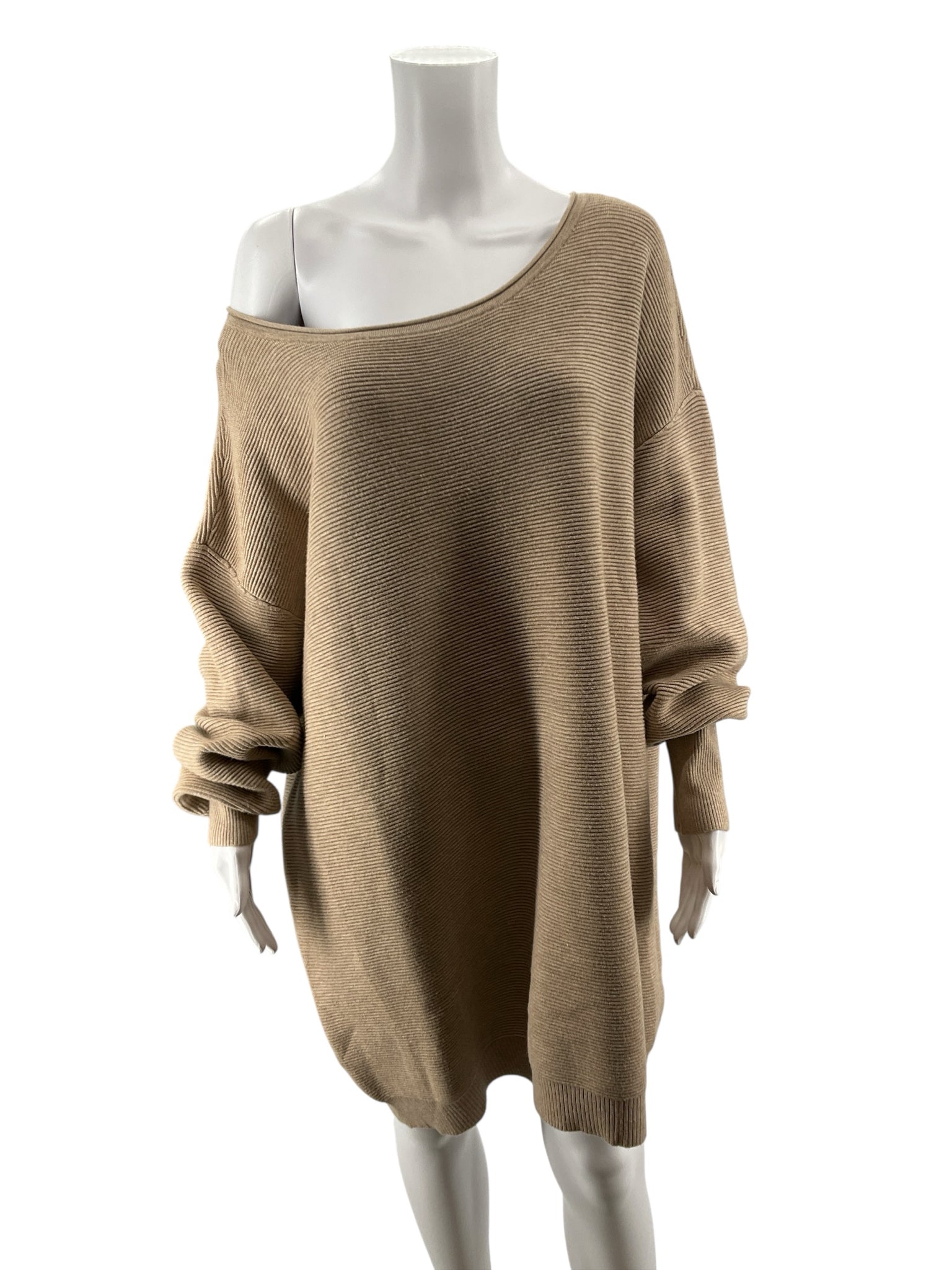 Anthropologie Tan Off-Shoulder Ribbed Knit Sweater Dress Tunic Size XL
