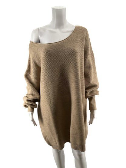 Anthropologie Tan Off-Shoulder Ribbed Knit Sweater Dress Tunic Size XL