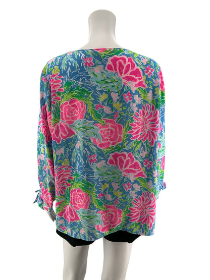 Lilly Pulitzer Elsa Top Multi Sink Or Swim Floral Blouse Size L - Downstairs