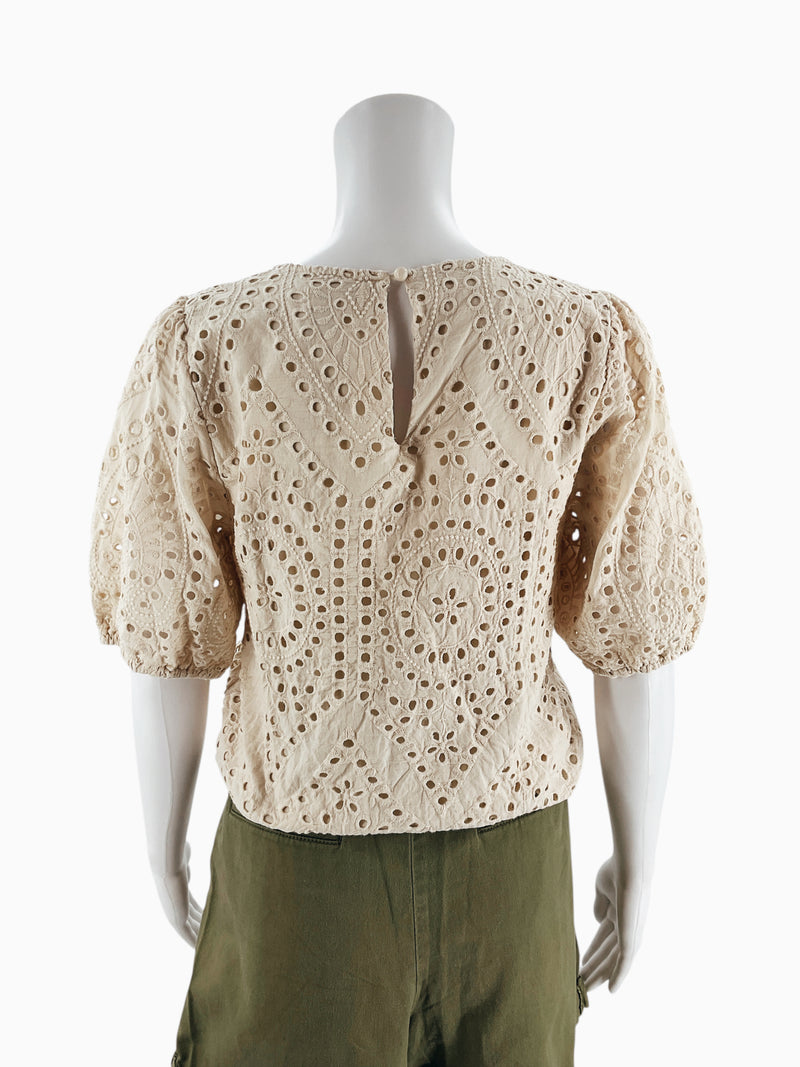 Urban Romantics Tan Eyelet Pre-Owned Ladies Top - Size Medium - Margaret’s Fine Consignment