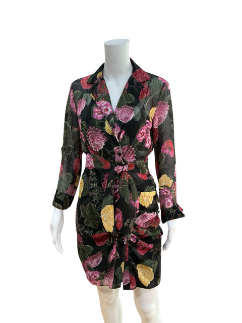 Pre-owned Rachel Roy floral mini wrap dress in black chiffon with yellow and purple flowers, shown on mannequin with belted waist and long sleeves.