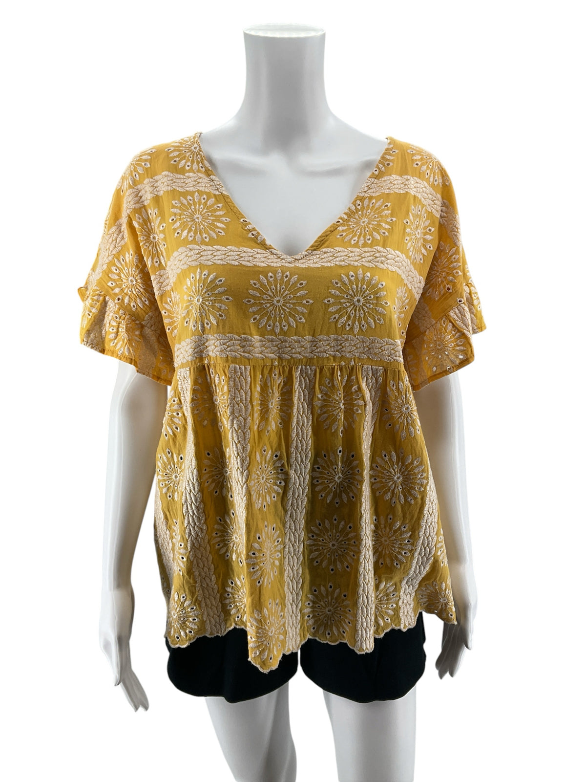 Entro Mustard Yellow Boho Eyelet Embroidered Flutter Sleeve Top Size Large - ONLINE ONLY