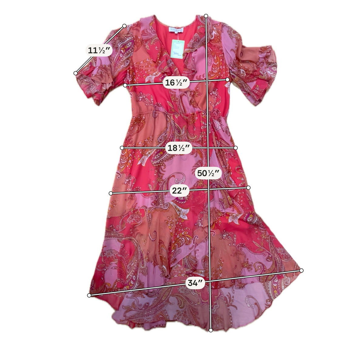 halHale Bob Adina Coral Paisley Ruffle Faux Wrap Midi Dress | Size Large - ONLINE ONLY