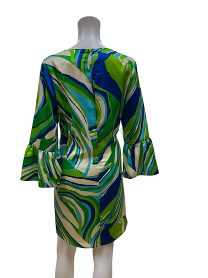 Julie Brown NYC green/blue/white Shift Swirl Print V-Neck Bell Sleeve Shift Dress Size 8 NWT - Size 8