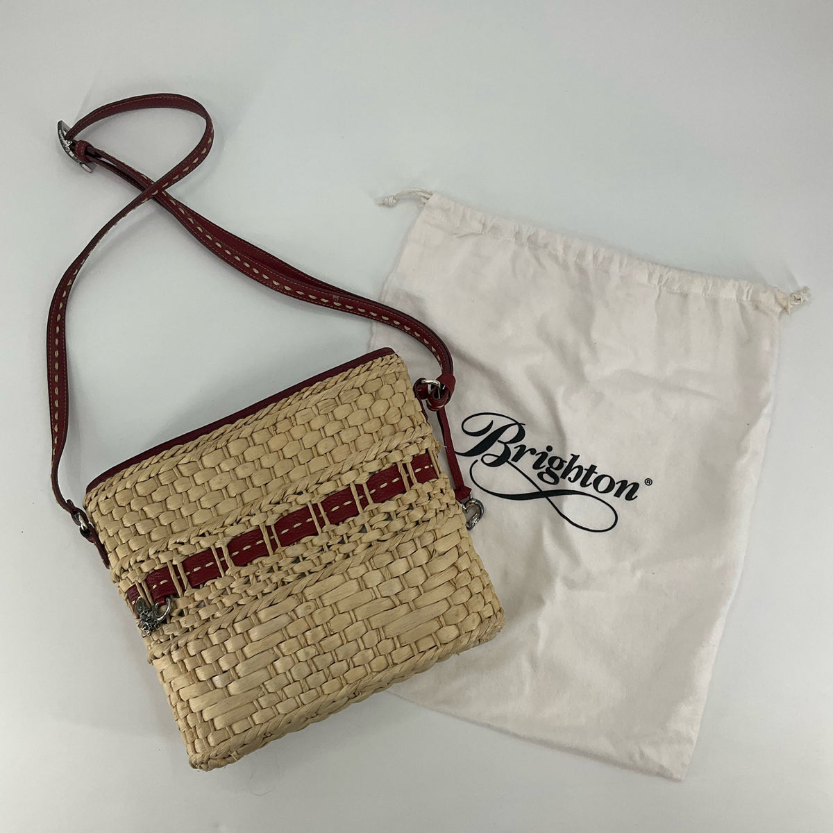 Brighton Woven Straw &amp;amp; Red Leather Crossbody Bag with Heart Charms | Pre-Owned