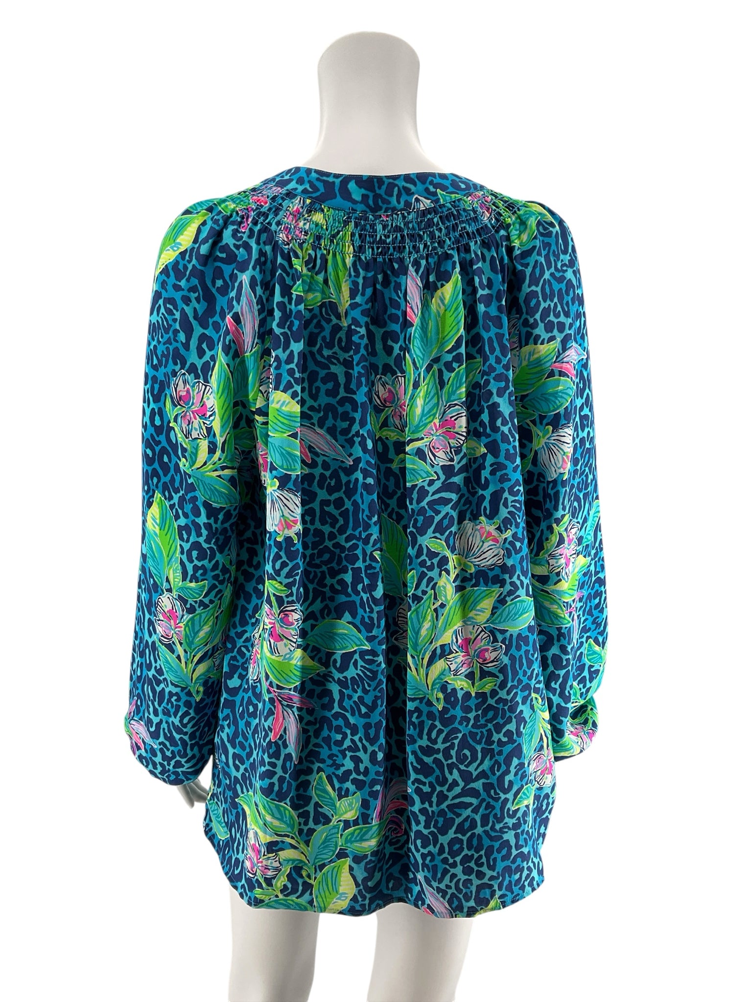 Lilly Pulitzer Elsa Silk Top Blue Lagoon Floral Tunic Blouse Size Large