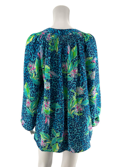 Lilly Pulitzer Elsa Silk Top Blue Lagoon Floral Tunic Blouse Size Large