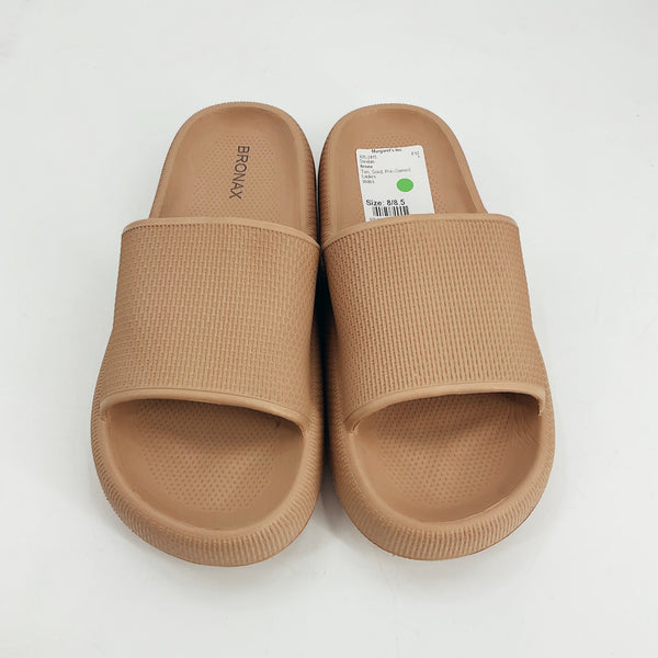 Top view of Bronx Tan Solid Pre-Owned Ladies Sandals, size 8/8.5, showcasing slip-on design and ergonomic pillow slide footbed for comfort.